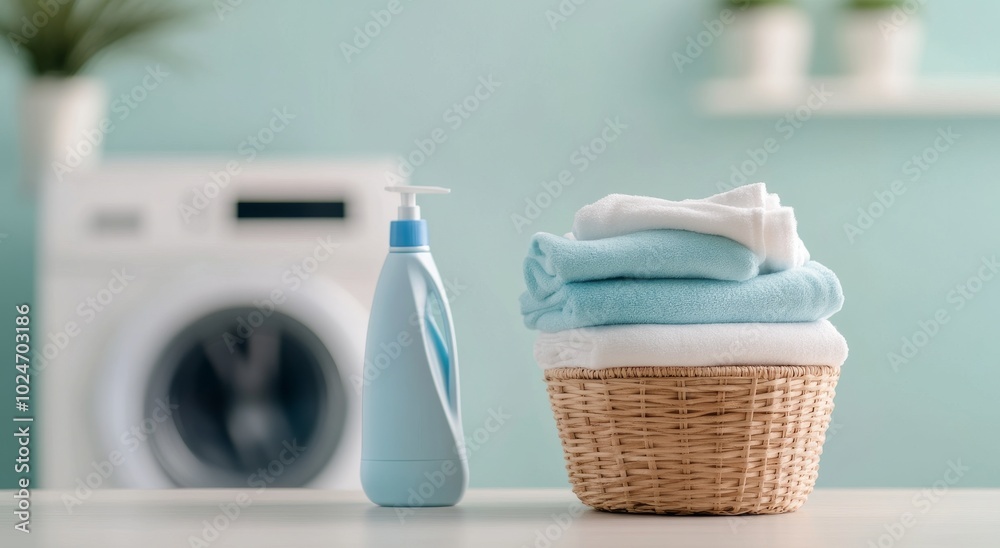 Laundry Basket With Detergent And Washing Machine In Background Laundry Basket With Detergent And Washing Machine In Background