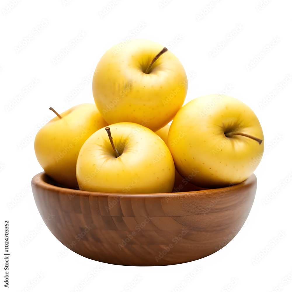 Golden yellow Delicious apple s in wooden bowl, isolated on png Transparent background Golden yellow Delicious apple s in wooden bowl, isolated on png Transparent background