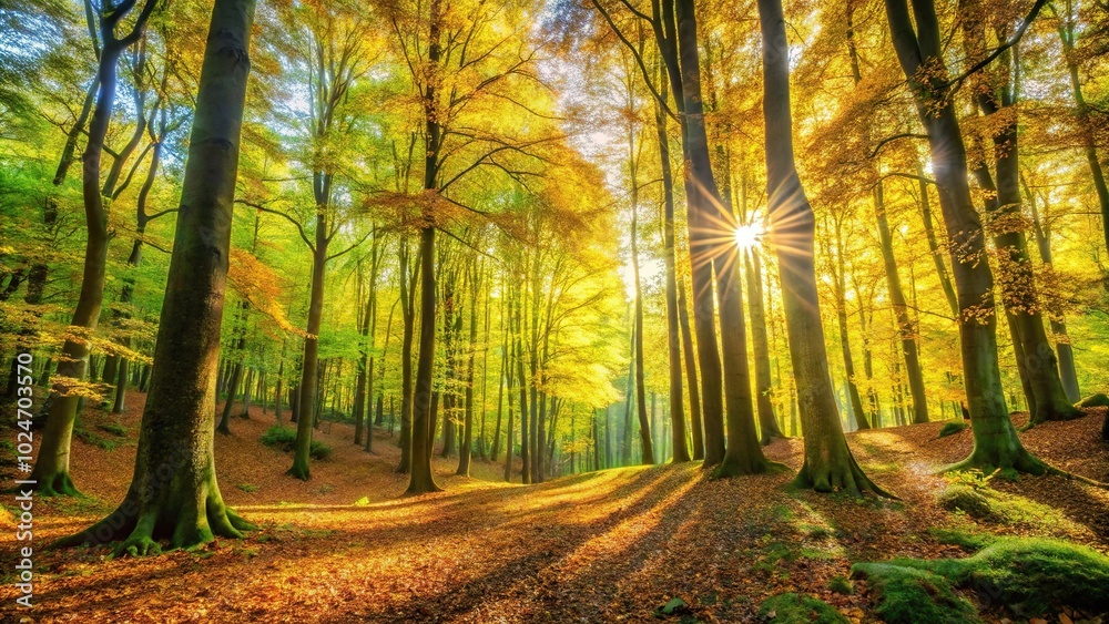 Sunny autumn forest scenery with trees at a tilted angle Sunny autumn forest scenery with trees at a tilted angle