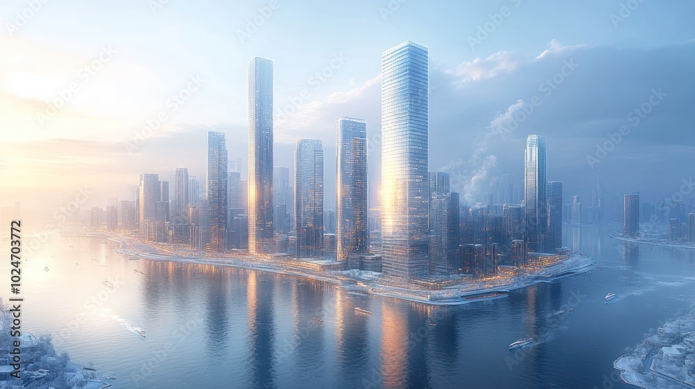 Fototapeta premium A futuristic cityscape with skyscrapers by the water at dawn.