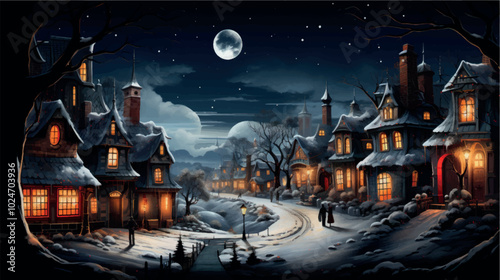 Cartoon art of a winter night city with ancient architecture with snowdrifts, lights on in the windows, people walking along the streets in the light of the moon. New Year and Christmas in the city.