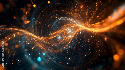 A captivating depiction of quantum particles in motion, illustrating the phenomenon of entanglement with dynamic trails of light and intricate patterns that convey the complexity of quantum 