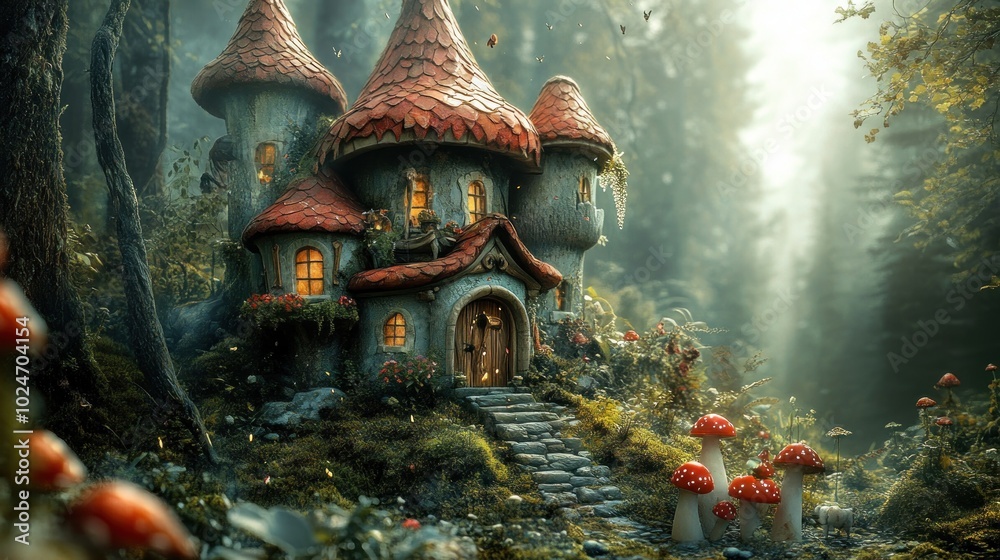 Fototapeta premium A whimsical, fairytale-inspired cottage nestled in a lush forest with a stone pathway leading up to its entrance, illuminated by warm lights.