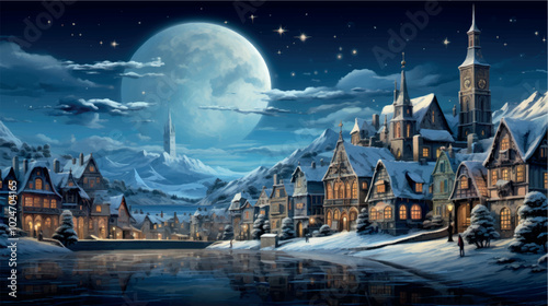 Cartoon art of a winter night city with ancient architecture with snowdrifts, lights on in the windows, people walking along the streets in the light of the moon. New Year and Christmas in the city.