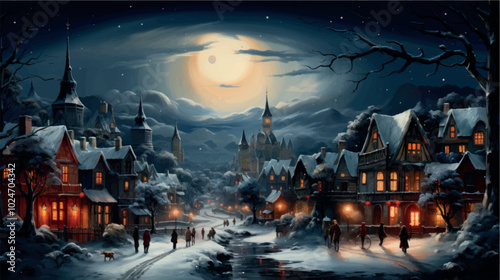 Cartoon art of a winter night city with ancient architecture with snowdrifts, lights on in the windows, people walking along the streets in the light of the moon. New Year and Christmas in the city.