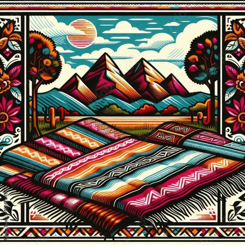 Mexico: Serapes: A colorful, woven blanket often used as a shawl or poncho. illustration.	 photo