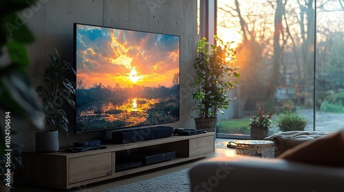 Cozy living room with a sunset view on a large television.
