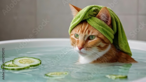 Ginger cat in green turban taking bath
