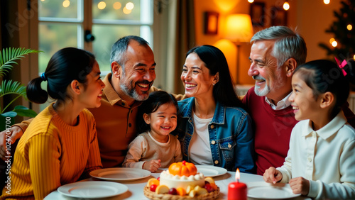 Joyful Family Gathering at the Table.A happy family comes together at the table to celebrate, sharing smiles, food, and connection in a warm, festive atmosphere