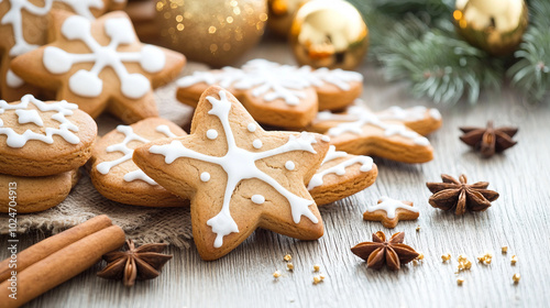 Festive Gingerbread Cookies Decorated with Icing and Surrounded by Holiday Ornaments