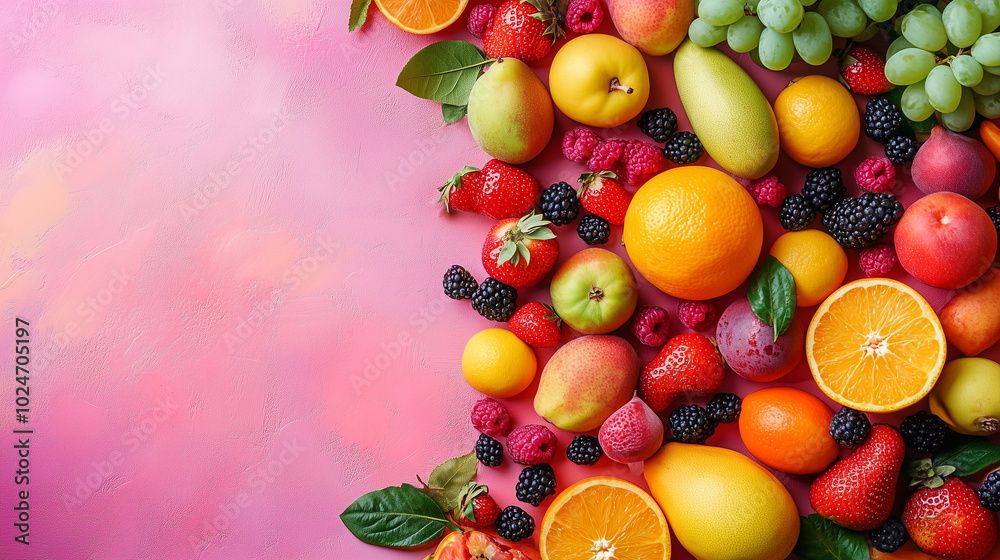 Fruit laid out on a pink pastel surface. Copy-paste. AI generated.
