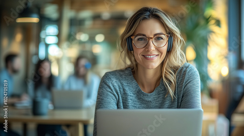 Businesswoman at computer, video conference. AI generated.