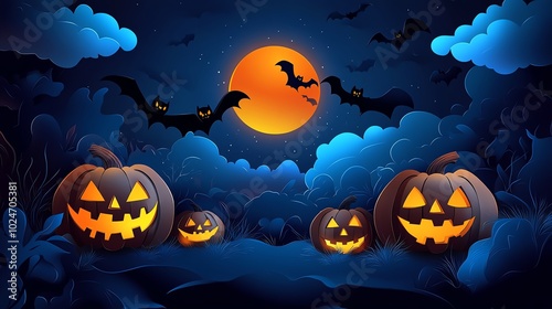 A spooky and fun Happy Halloween party poster featuring glowing pumpkins, night clouds, bats, and a full moon in paper cut style, with space for text at the center