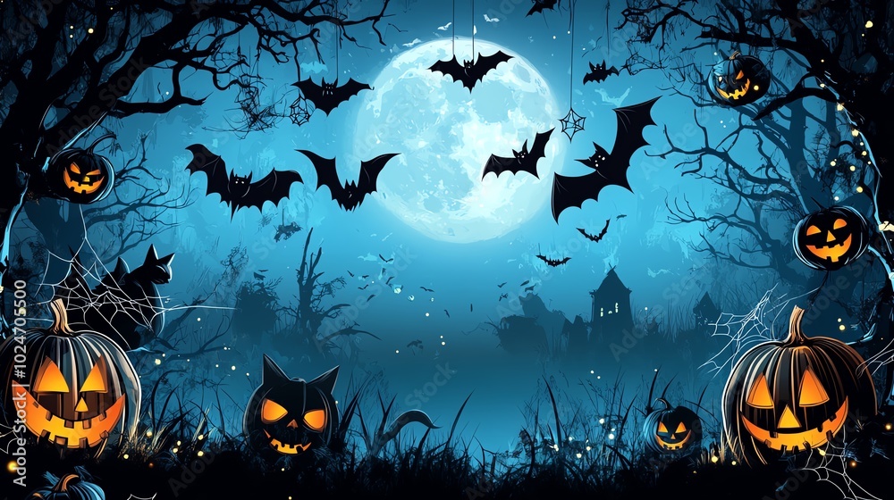 A vibrant Halloween party border with spooky pumpkins, black cats, flying bats, and cobwebs around the edges, all against a moonlit night background with dark trees A vibrant Halloween party border with spooky pumpkins, black cats, flying bats, and cobwebs around the edges, all against a moonlit night background with dark trees