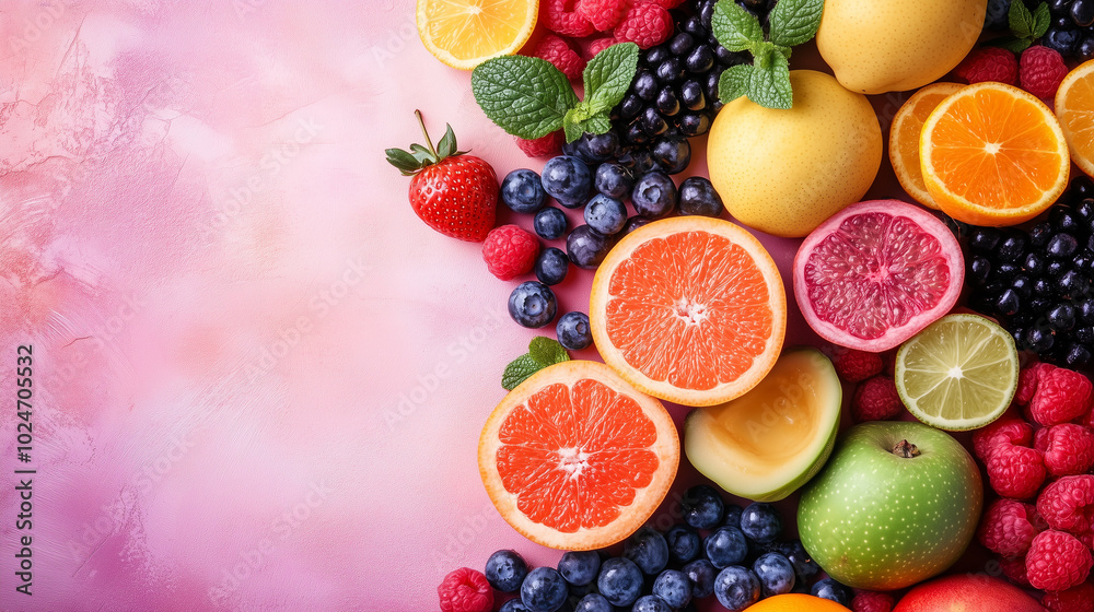 Fruit laid out on a pink pastel surface. Copy-paste. AI generated. Fruit laid out on a pink pastel surface. Copy-paste. AI generated.
