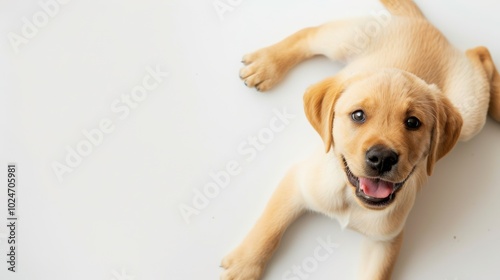 Happy cute puppy looking at camera on white background