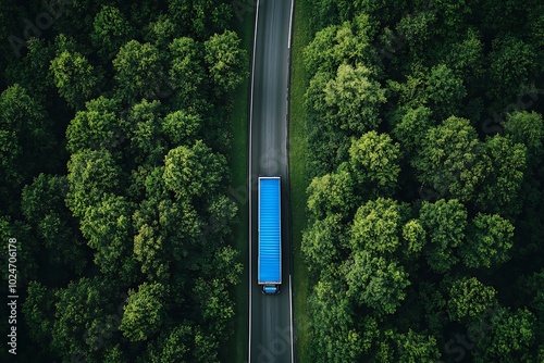 Aerial view of a blue truck driving along a winding road surrounded by lush green trees. photo