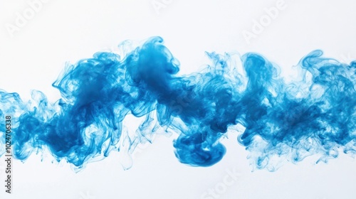 A cloud of vibrant blue smoke forming abstract shapes, suspended mid-air against a white background.