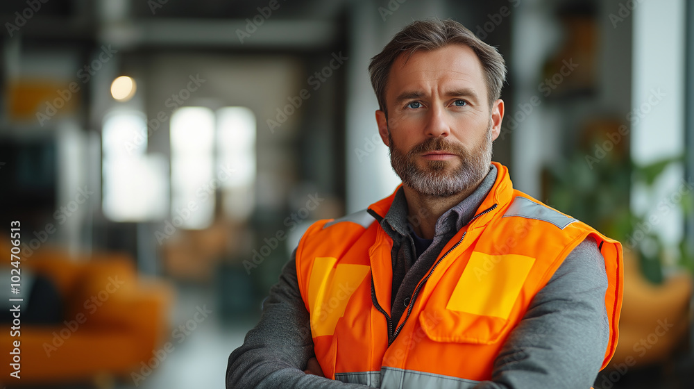 Construction Worker in Safety Gear Stands Confidently in Modern Workspace During Daylight Construction Worker in Safety Gear Stands Confidently in Modern Workspace During Daylight