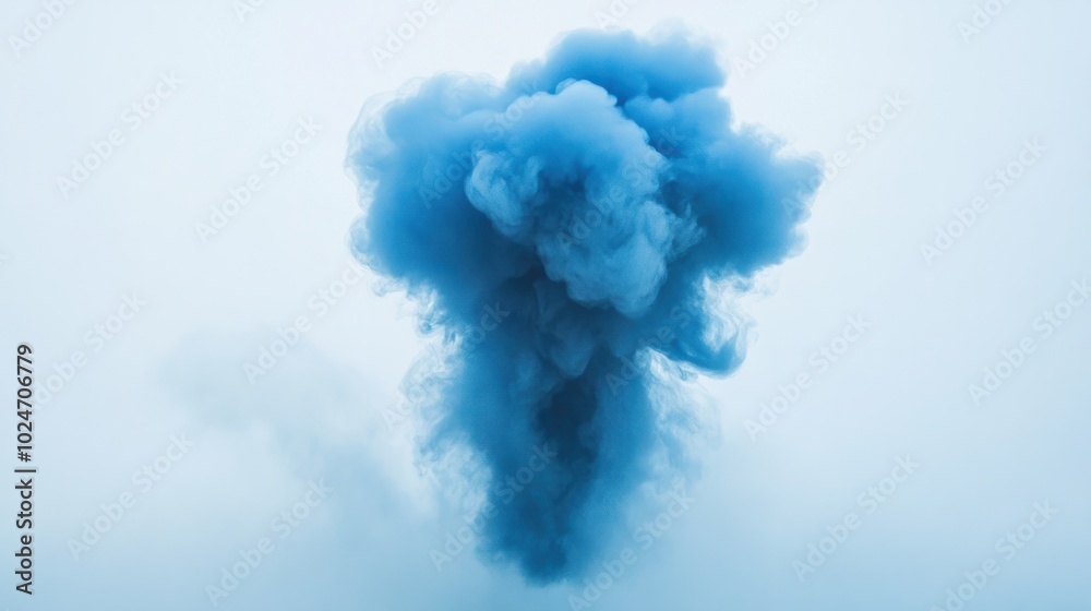 A concentrated blue smoke burst spreading outwards, captured in motion against a white background. A concentrated blue smoke burst spreading outwards, captured in motion against a white background.