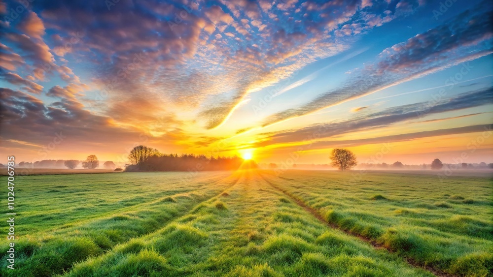 Obraz premium Sunrise over a grassy field in North East Lincolnshire