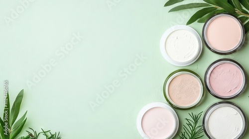   Four distinctly hued powders are spread out on a verdant table with an adjacent potted plant photo