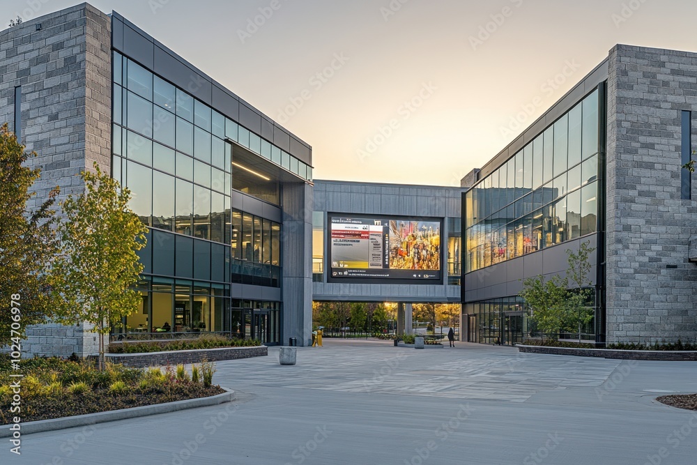 Obraz premium Modern building complex with glass facade and landscaping