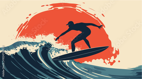 Surfer conquers a wave. Extreme sport. Surfing.