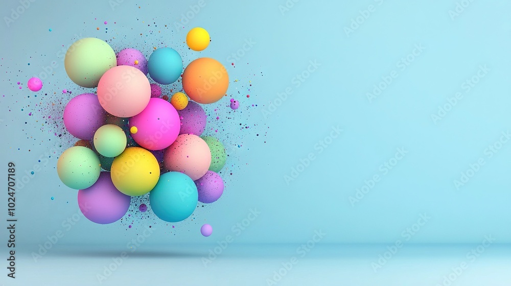 Colorful balls float in mid-air, surrounded by festive confetti Beneath them lies a solid blue backdrop Colorful balls float in mid-air, surrounded by festive confetti Beneath them lies a solid blue backdrop