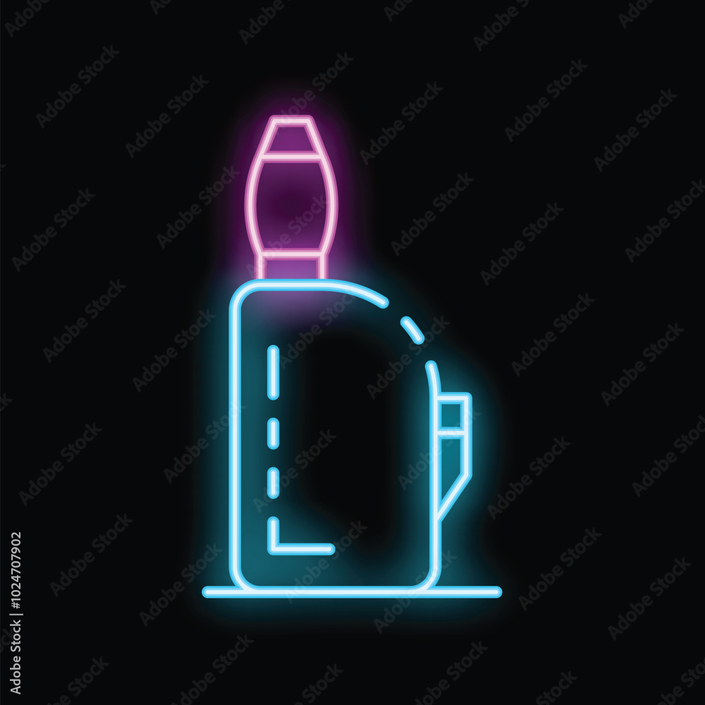Neon sign representing electronic cigarette with vapor standing on shelf at night Neon sign representing electronic cigarette with vapor standing on shelf at night