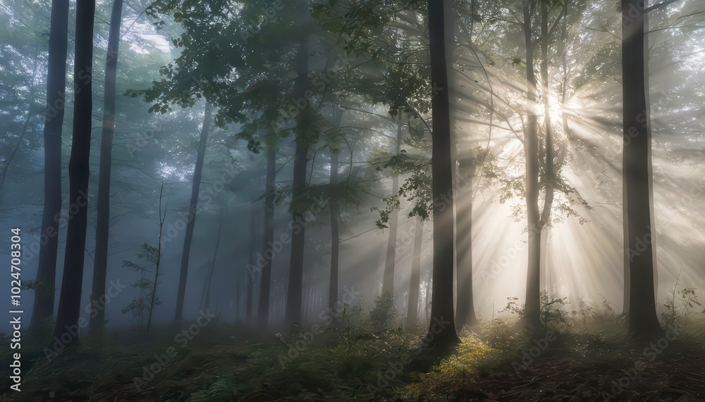 Beautiful morning forest with sun and fog, sunlight among the trees Beautiful morning forest with sun and fog, sunlight among the trees