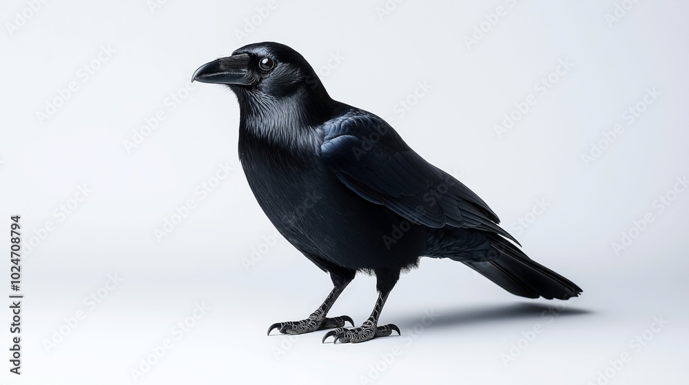 Obraz premium Close-up of a black raven with detailed feathers standing against a light background, showcasing its sharp beak and intense gaze.
