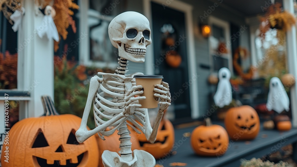 A skeleton sitting on a porch, enjoying a cup of coffee in a Halloween-themed scene. Perfect blend of spooky and casual fun