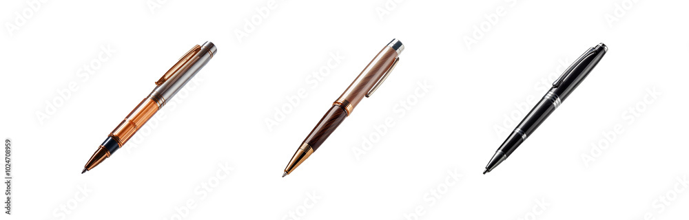 Three pens of different colors on a white background. Three pens of different colors on a white background.