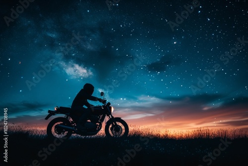 Motorcyclist riding in field silhouetted against clear starry night sky, capturing tranquility of nature, rider becomes symbol of freedom and human spirit connection to vastness of universe