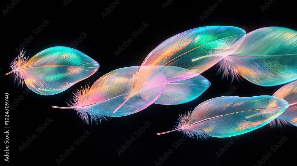   Close-up of feathers on black background with blue sky and pink, green feathers on left side