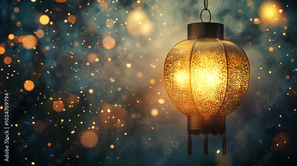 A glowing lantern suspended in the air, surrounded by floating golden particles against a soft, ethereal blue background, creating a magical atmosphere. A glowing lantern suspended in the air, surrounded by floating golden particles against a soft, ethereal blue background, creating a magical atmosphere.
