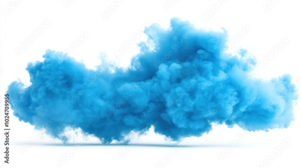 A vibrant blue smoke burst captured mid-explosion, floating on a bright white background. A vibrant blue smoke burst captured mid-explosion, floating on a bright white background.