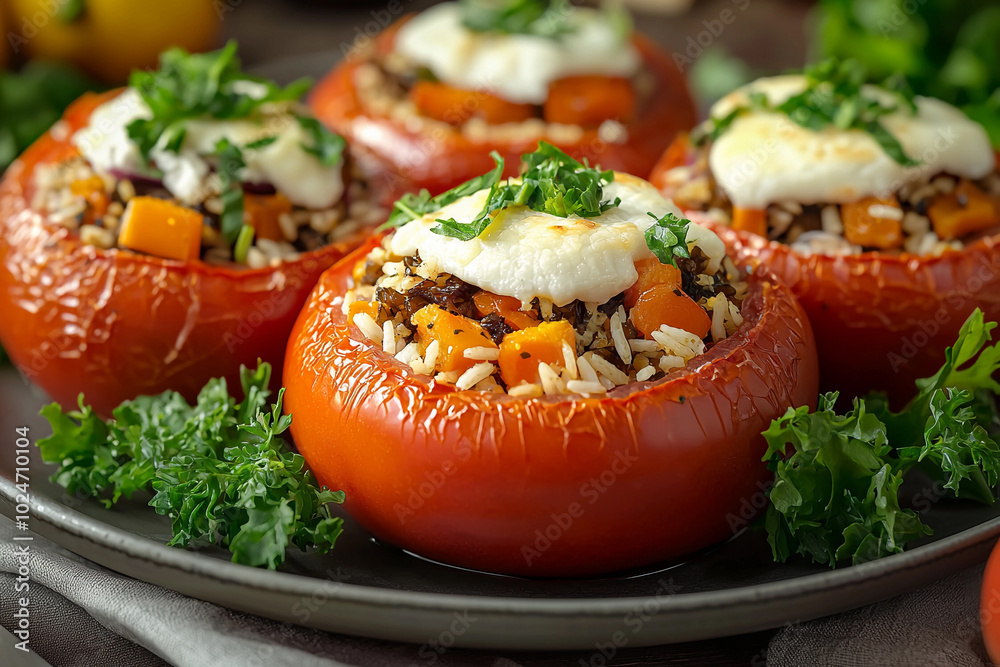 Stuffed tomatoes with rice and vegetables served on a plate Stuffed tomatoes with rice and vegetables served on a plate