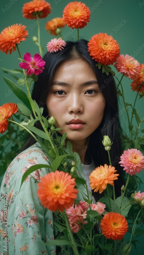 Asian woman with orange floral halo and green background, neutral expression, floral dress Asian woman with orange floral halo and green background, neutral expression, floral dress
