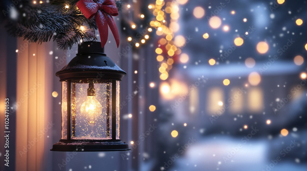 A glowing lantern hangs outside a house decorated with Christmas lights and a wreath, as snow softly falls. A glowing lantern hangs outside a house decorated with Christmas lights and a wreath, as snow softly falls.