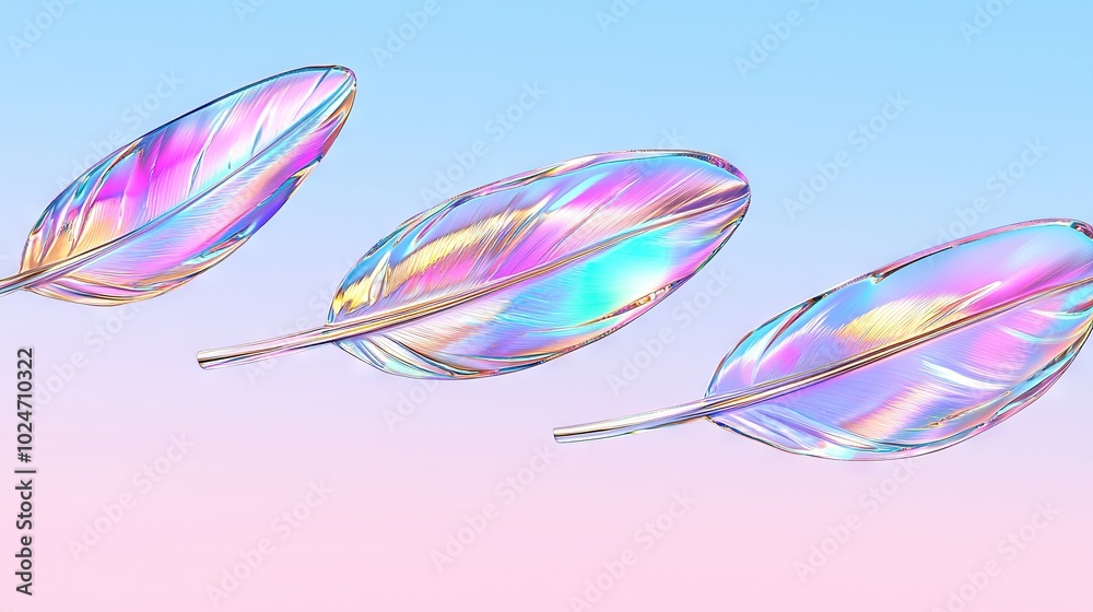 Three colorful feathers float against a pink-blue backdrop; pink-blue sky fades in behind Three colorful feathers float against a pink-blue backdrop; pink-blue sky fades in behind