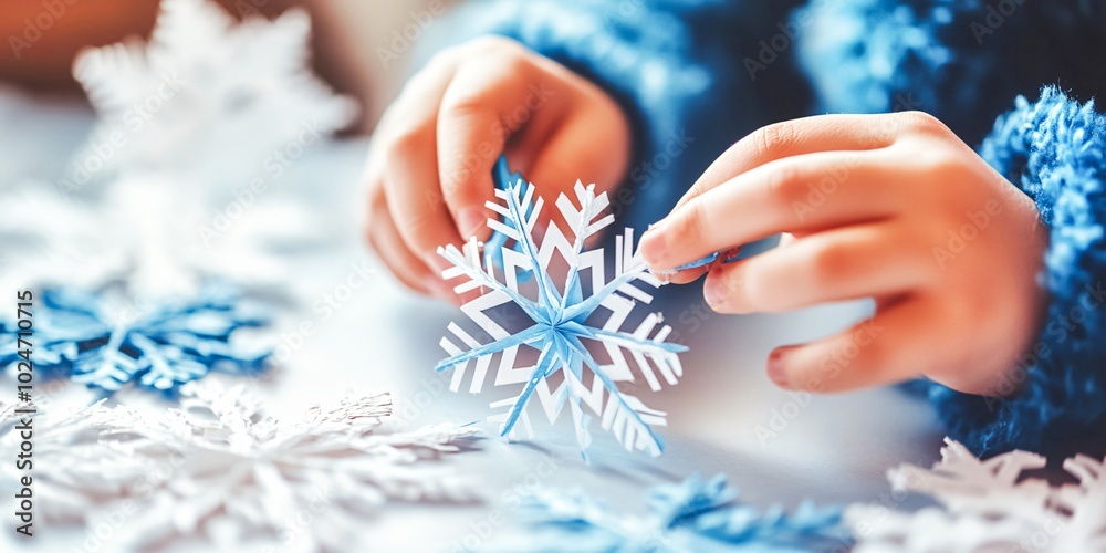 A child is holding a snowflake. The snowflake is blue and white. The child is wearing a blue sweater A child is holding a snowflake. The snowflake is blue and white. The child is wearing a blue sweater