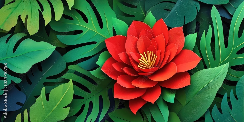 Curved paper flower in vibrant red, blooming against a backdrop of lush green leaves, Red paper flower blooming with green leaves background