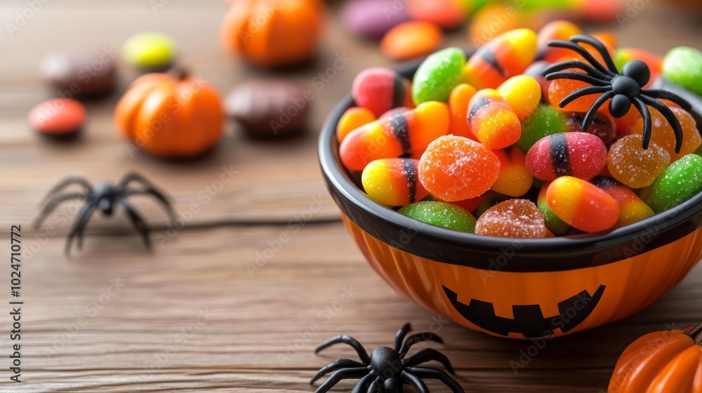 Naklejka premium Festive Halloween candies in a spider-themed bowl, on a wooden table, Halloween candy charm, concept