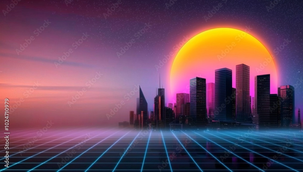 Synthwave City Skyline With Neon Colors And Geometric Patterns Synthwave City Skyline With Neon Colors And Geometric Patterns