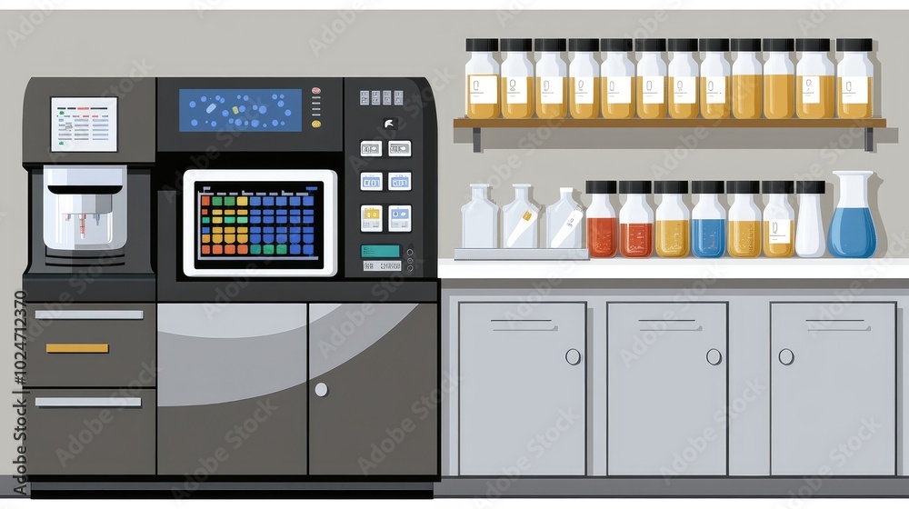 High-tech lab featuring a 3D printer and digital control panel with beakers and test tubes arranged neatly. No logos. High-tech lab featuring a 3D printer and digital control panel with beakers and test tubes arranged neatly. No logos.