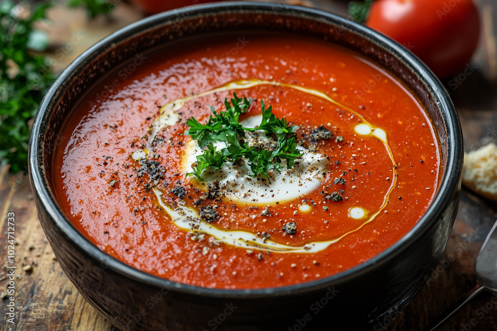 Homemade tomato soup garnished with herbs and cream on a wooden table Homemade tomato soup garnished with herbs and cream on a wooden table