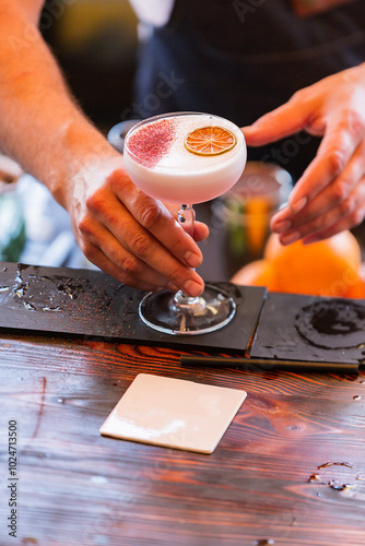 a bartender makes a cocktail. a bartender makes an alcoholic refreshing summer cocktail