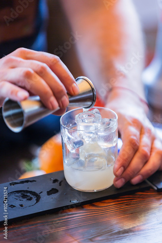 a bartender makes a cocktail. a bartender makes an alcoholic refreshing summer cocktail